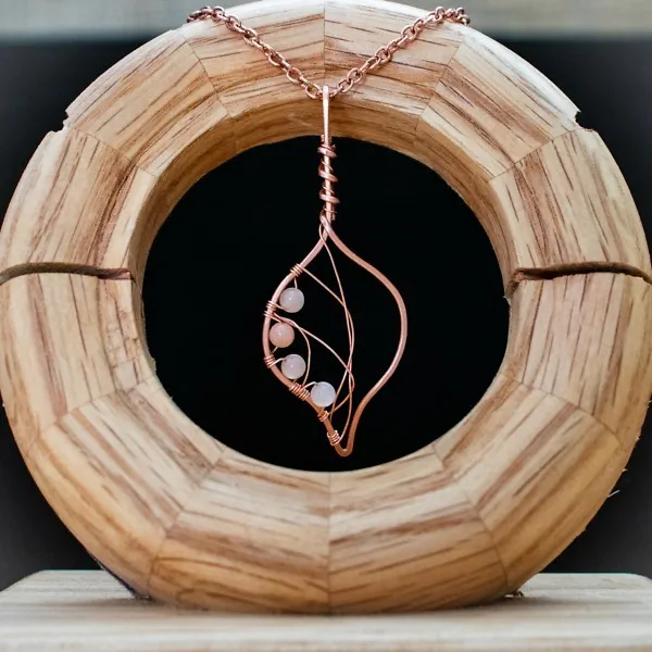 Bodhi Leaf - Peach Moonstone - Copper Necklace