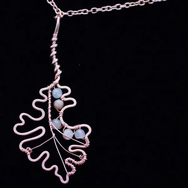 Bur Oak Leaf - Peach Moonstone - Copper Necklace