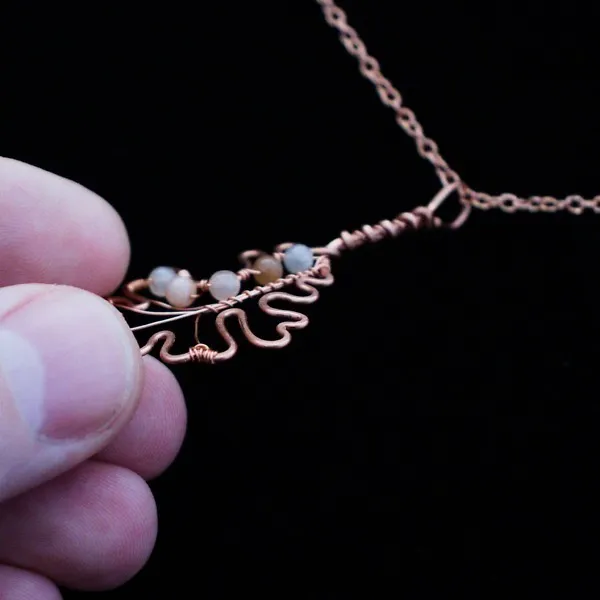 Bur Oak Leaf - Peach Moonstone - Copper Necklace