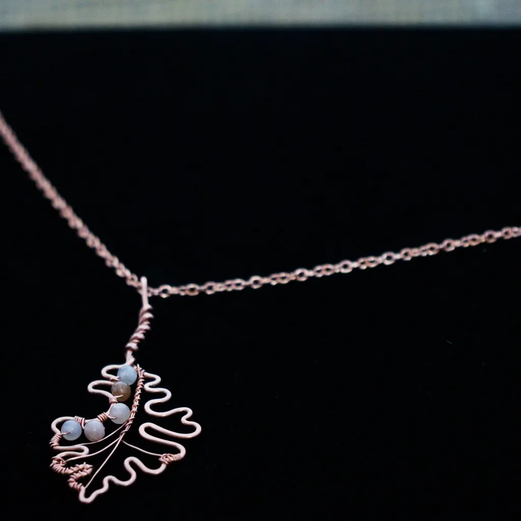 Bur Oak Leaf - Peach Moonstone - Copper Necklace