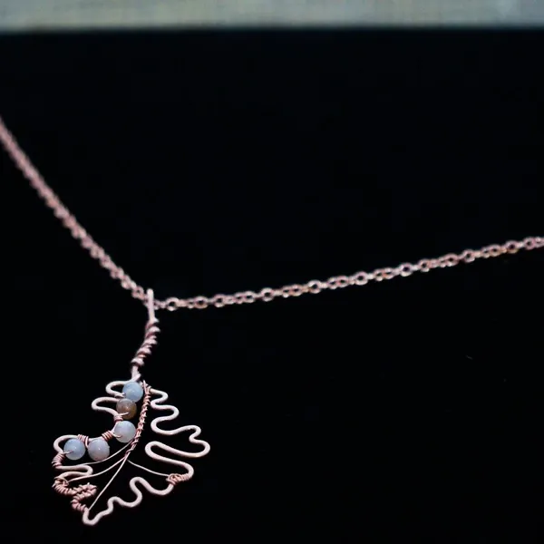 Bur Oak Leaf - Peach Moonstone - Copper Necklace