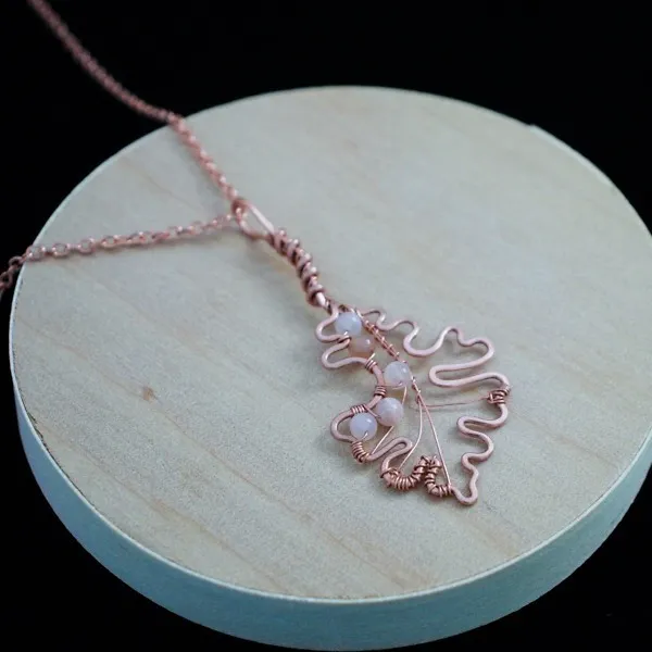 Bur Oak Leaf - Peach Moonstone - Copper Necklace