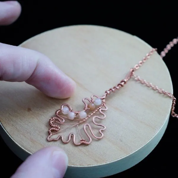 Bur Oak Leaf - Peach Moonstone - Copper Necklace