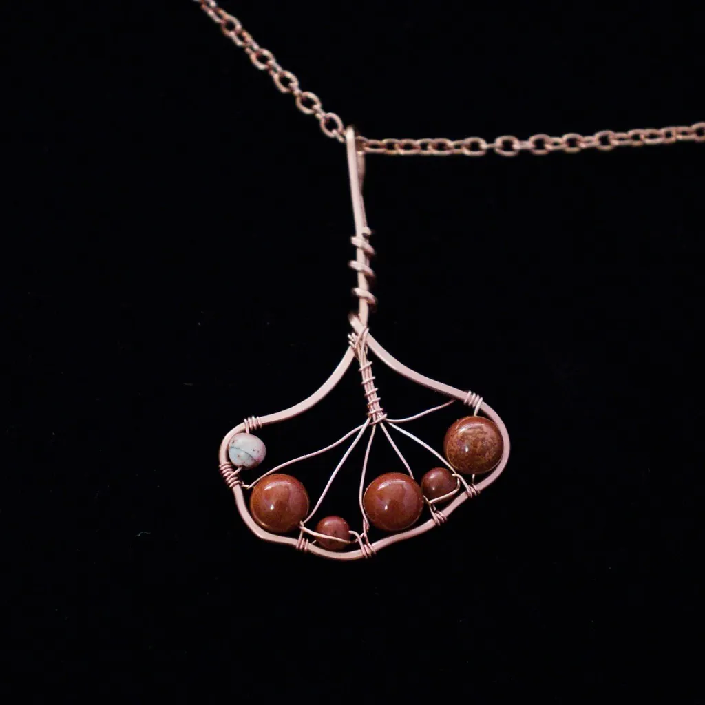 Ginkgo Leaf - White Laced Red Jasper - Copper Necklace