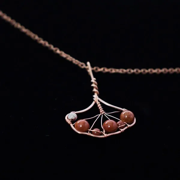 Ginkgo Leaf - White Laced Red Jasper - Copper Necklace