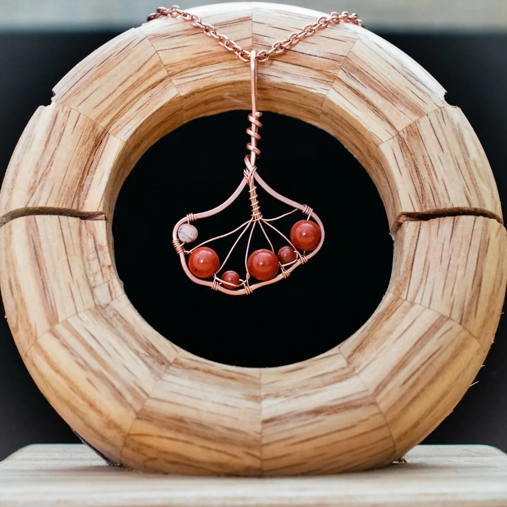 Ginkgo Leaf - White Laced Red Jasper - Copper Necklace