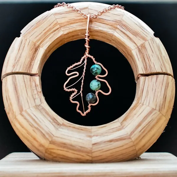 White Oak Leaf - African Turquoise - Copper Necklace