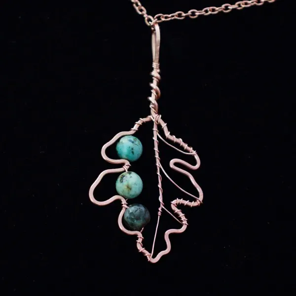 White Oak Leaf - African Turquoise - Copper Necklace