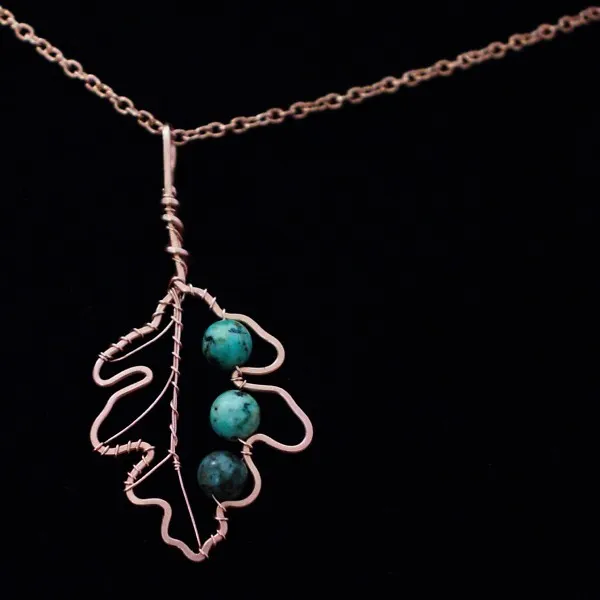 White Oak Leaf - African Turquoise - Copper Necklace