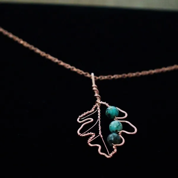 White Oak Leaf - African Turquoise - Copper Necklace