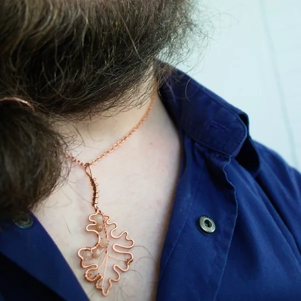 Bur Oak Leaf - Peach Moonstone - Copper Necklace